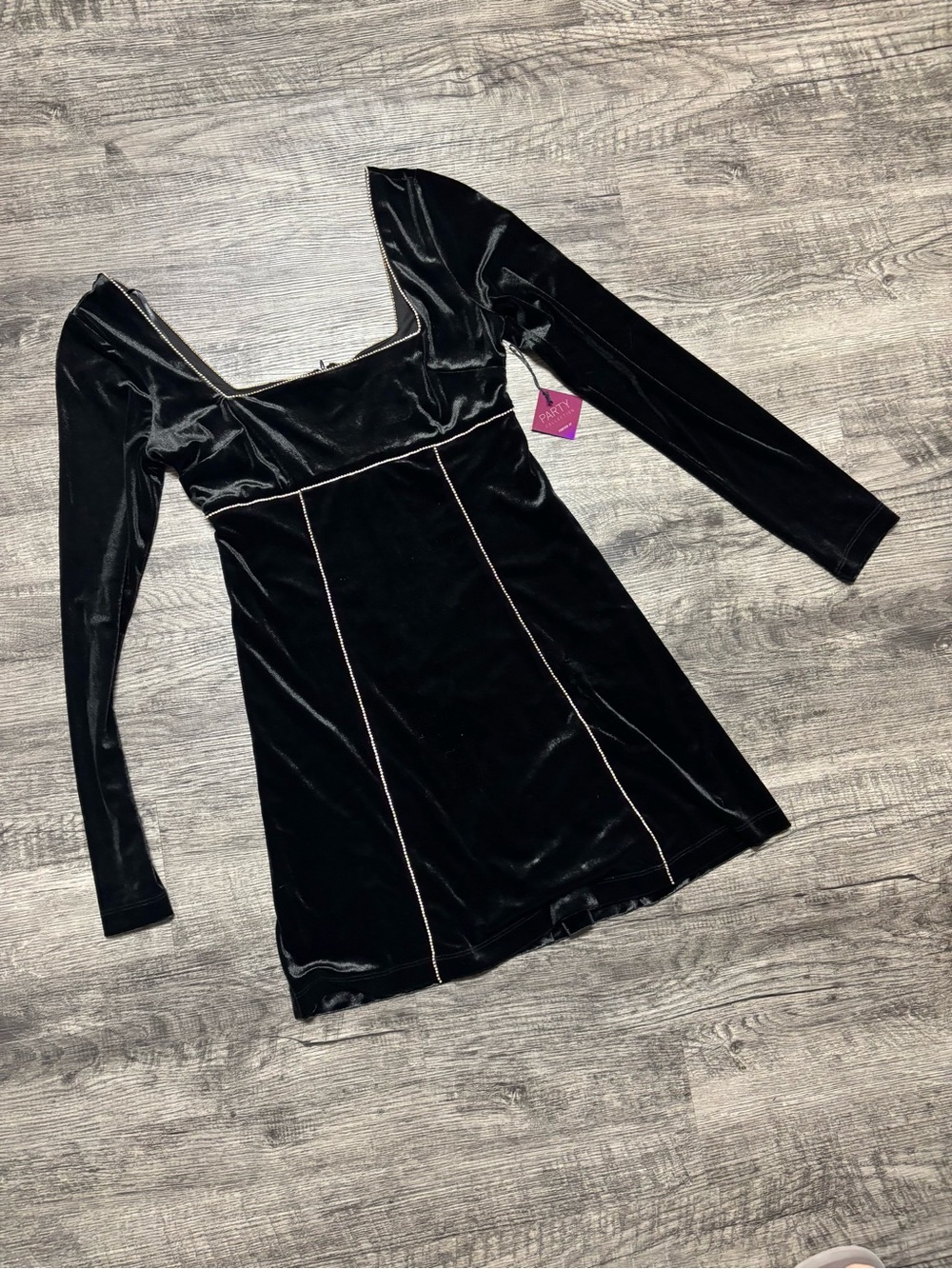 Forever 21 Black Velvet Long-Sleeve Square Neck Dress with Contrast Piping